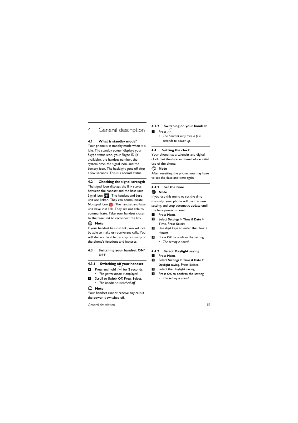 4 general description, 1 what is standby mode, 2 checking the signal strength | 3 switching your handset on/ off, 4 setting the clock, 4general description | Philips 855 User Manual | Page 18 / 72