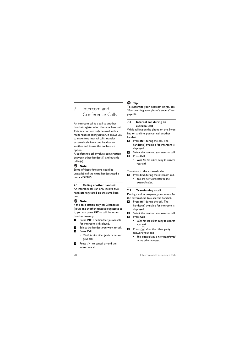 7 intercom and conference calls, 1 calling another handset, 2 internal call during an external call | 3 transferring a call, 7intercom and conference calls | Philips 855 User Manual | Page 31 / 72