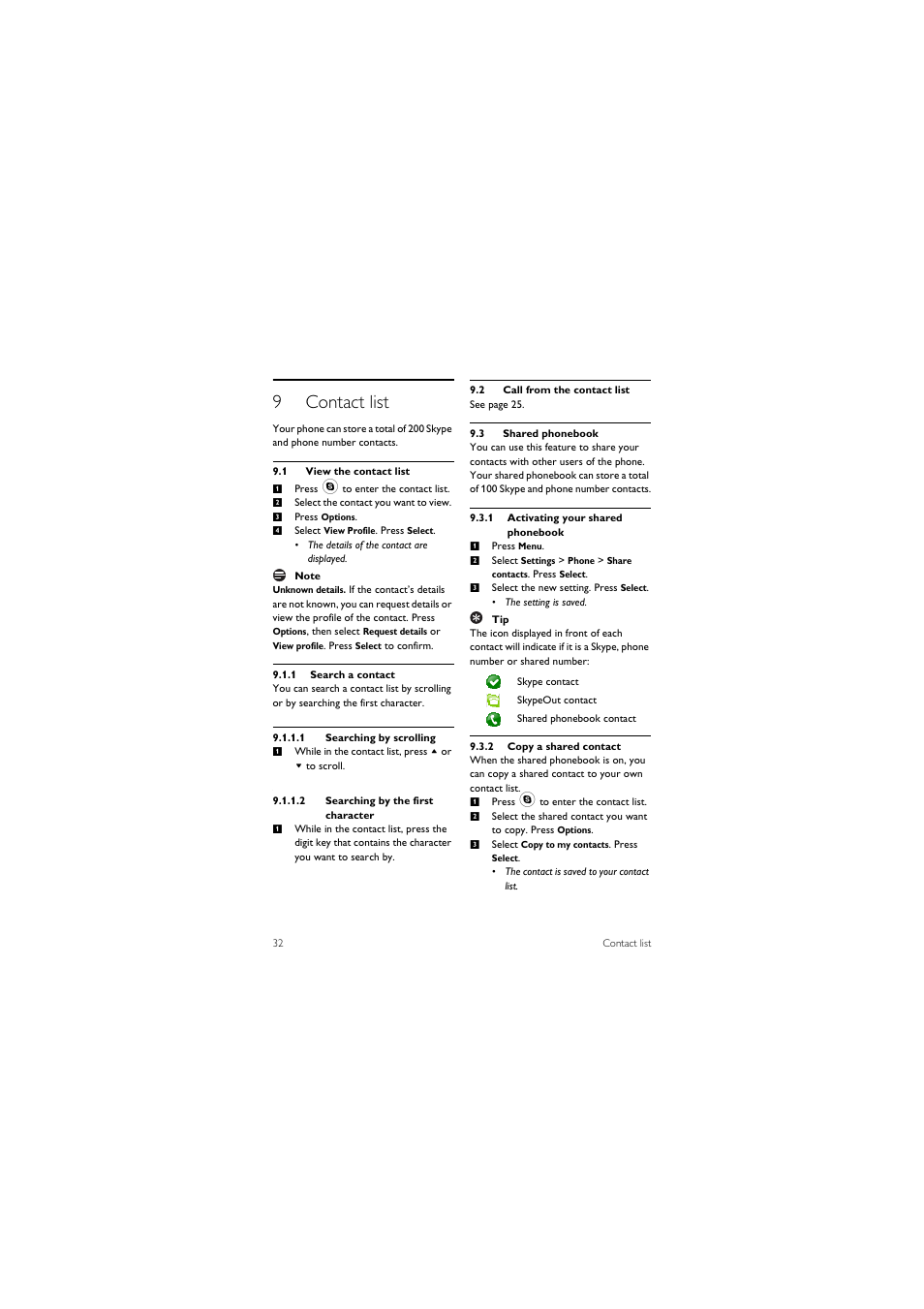 9 contact list, 1 view the contact list, 2 call from the contact list | 3 shared phonebook, 9contact list | Philips 855 User Manual | Page 35 / 72