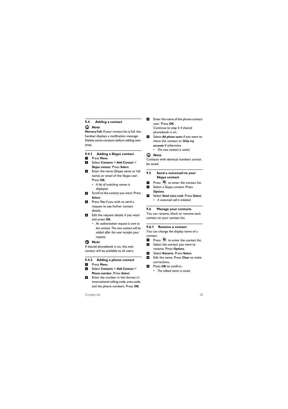 4 adding a contact, 5 send a voicemail to your skype contact, 6 manage your contacts | Philips 855 User Manual | Page 36 / 72