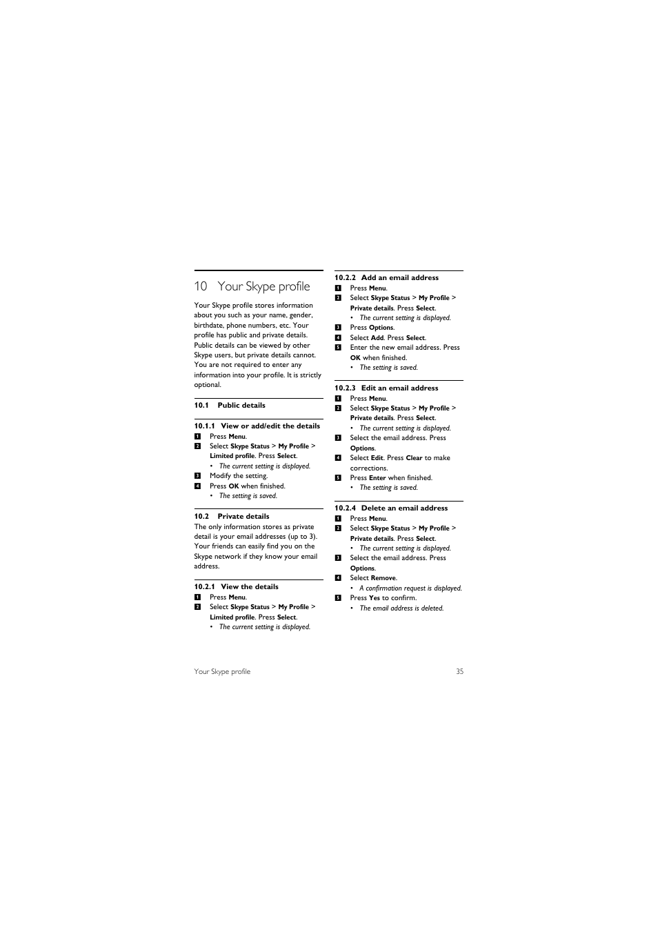 10 your skype profile, 1 public details, 2 private details | Philips 855 User Manual | Page 38 / 72