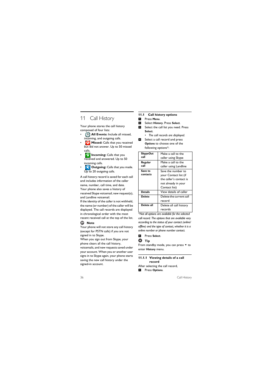 11 call history, 1 call history options | Philips 855 User Manual | Page 39 / 72
