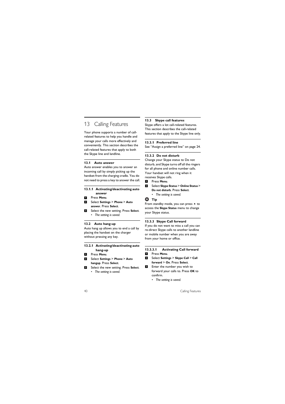 13 calling features, 1 auto answer, 2 auto hang-up | 3 skype call features | Philips 855 User Manual | Page 43 / 72