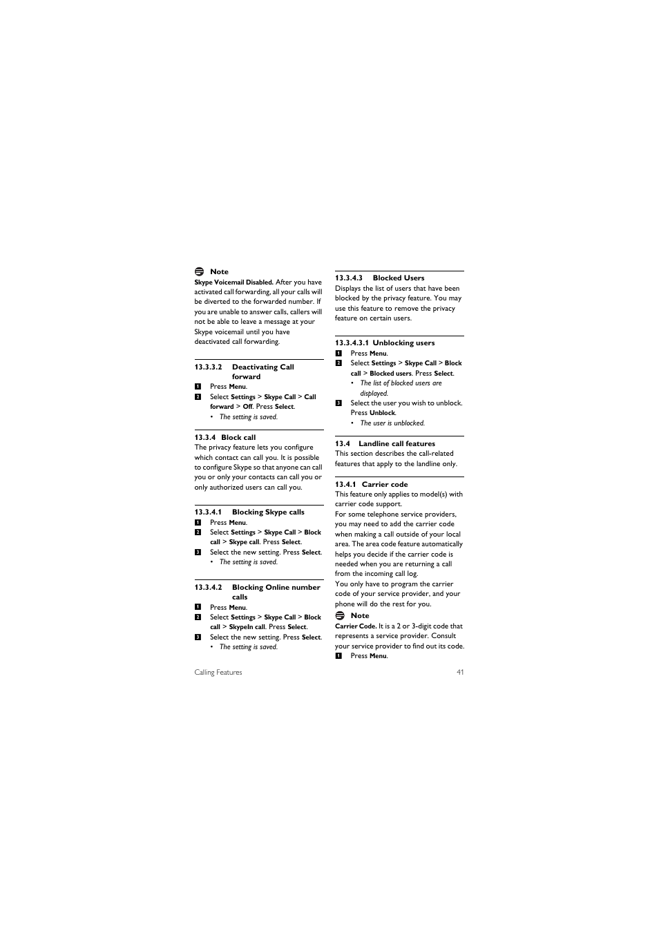 4 landline call features | Philips 855 User Manual | Page 44 / 72