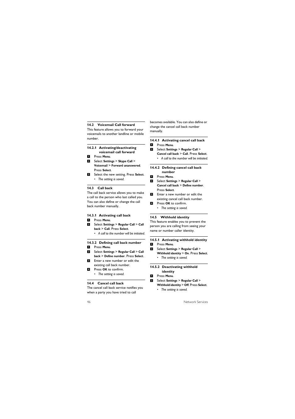 2 voicemail call forward, 3 call back, 4 cancel call back | 5 withhold identity | Philips 855 User Manual | Page 49 / 72