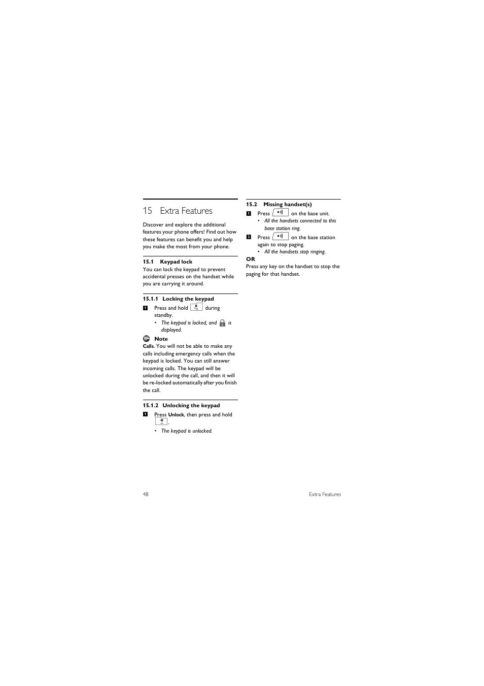 15 extra features, 1 keypad lock, 2 missing handset(s) | Philips 855 User Manual | Page 51 / 72