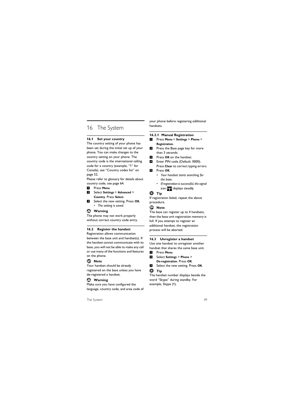 16 the system, 1 set your country, 2 register the handset | 3 unregister a handset | Philips 855 User Manual | Page 52 / 72