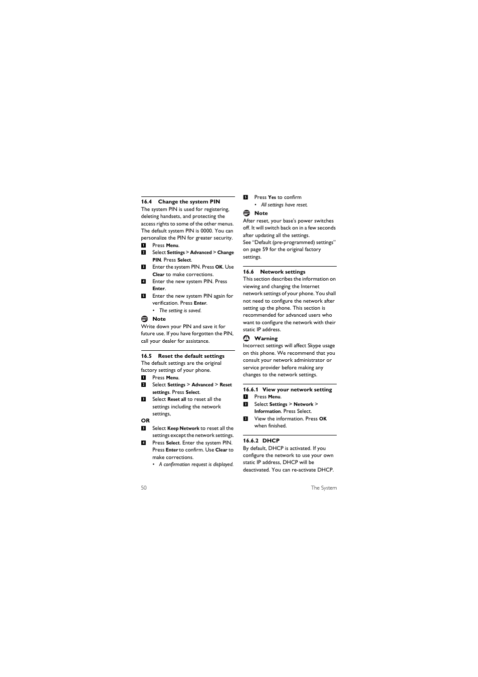 4 change the system pin, 5 reset the default settings, 6 network settings | Philips 855 User Manual | Page 53 / 72