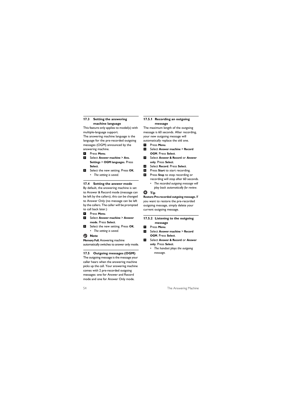 3 setting the answering machine language, 4 setting the answer mode, 5 outgoing messages (ogm) | Philips 855 User Manual | Page 57 / 72