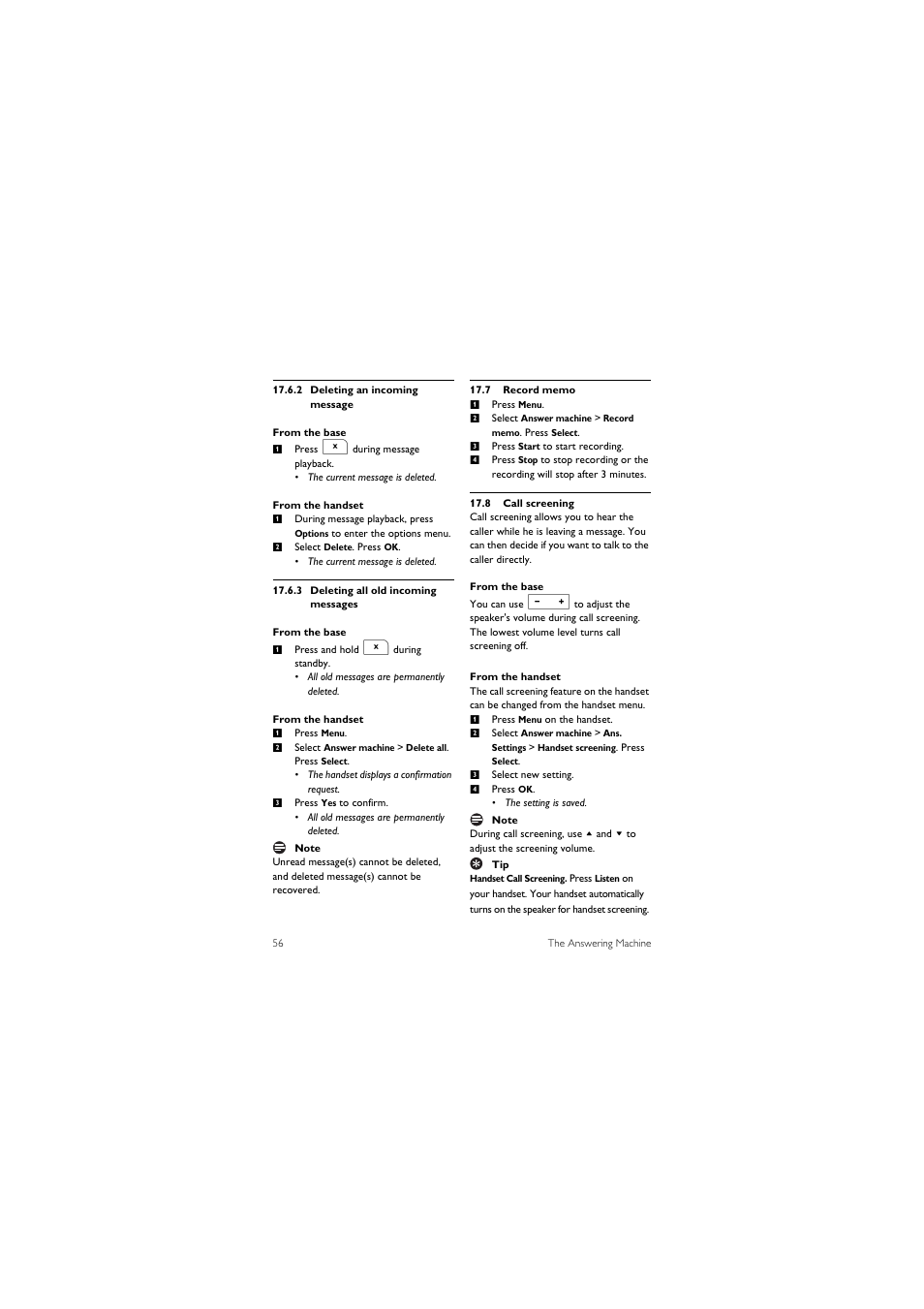 7 record memo, 8 call screening | Philips 855 User Manual | Page 59 / 72