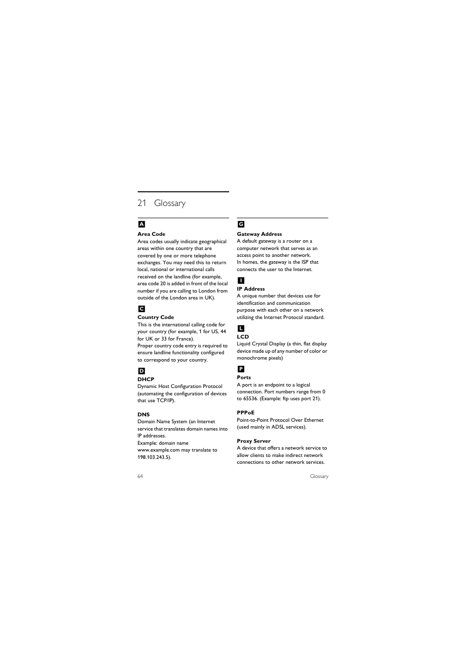 21 glossary, 21 glossary a | Philips 855 User Manual | Page 67 / 72