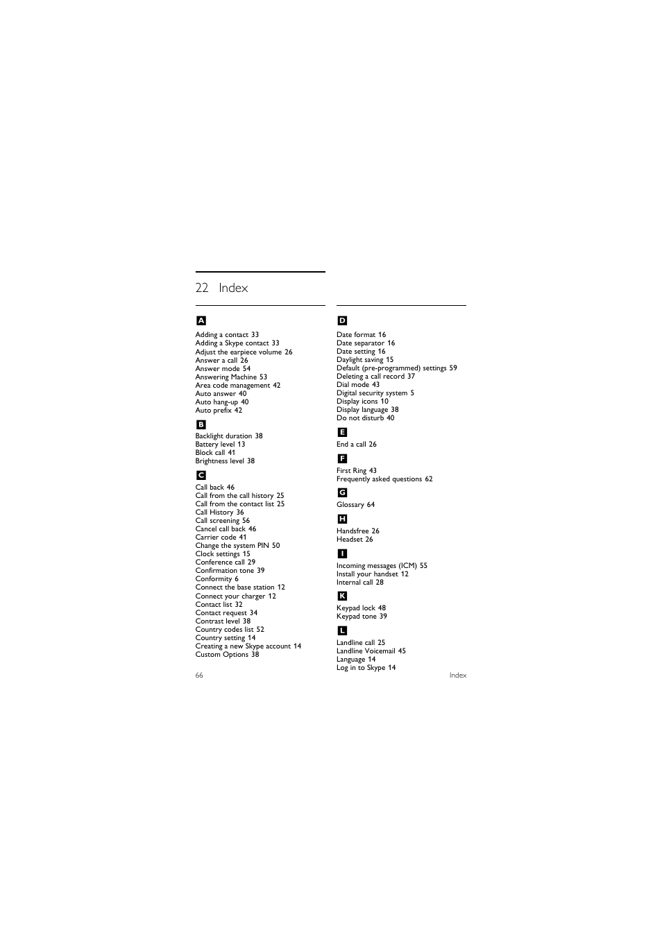 22 index, 22 index a | Philips 855 User Manual | Page 69 / 72