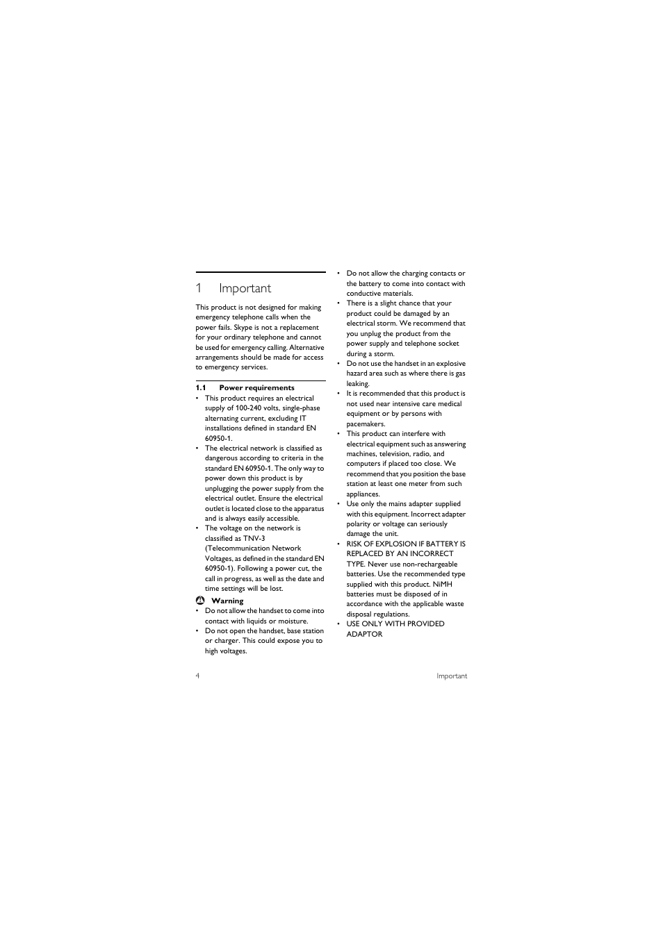 1 important, 1 power requirements, 1important | Philips 855 User Manual | Page 7 / 72