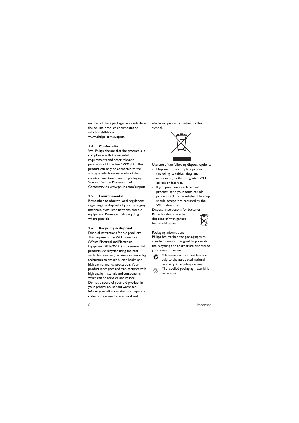 4 conformity, 5 environmental, 6 recycling & disposal | Philips 855 User Manual | Page 9 / 72