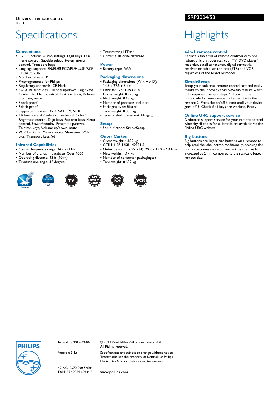 Specifications, Highlights | Philips SRP3004 User Manual | Page 2 / 2