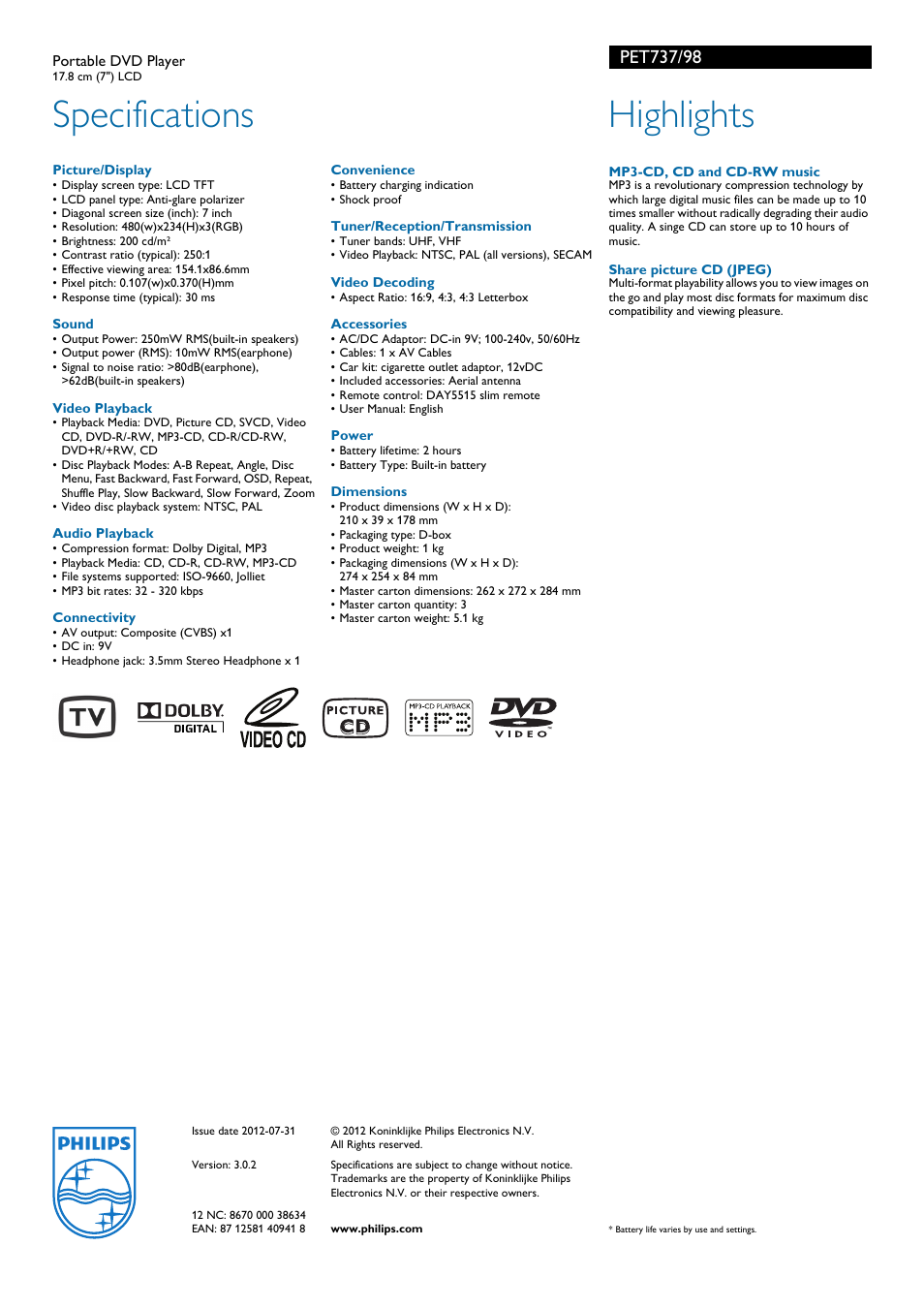Specifications, Highlights | Philips PET737 User Manual | Page 2 / 2