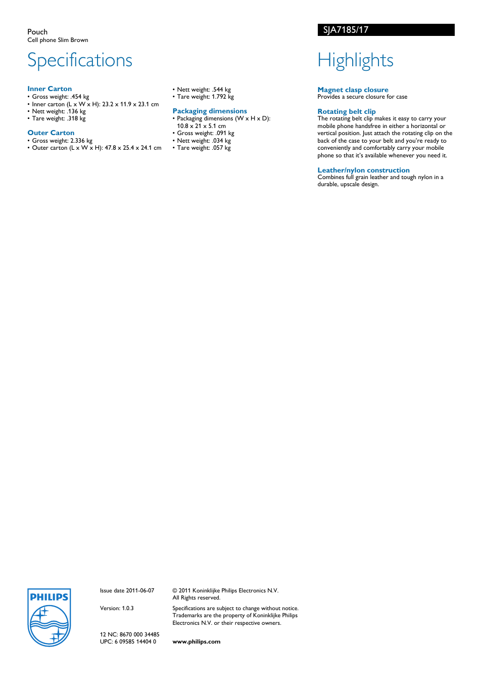 Specifications, Highlights | Philips SJA7185 User Manual | Page 2 / 2