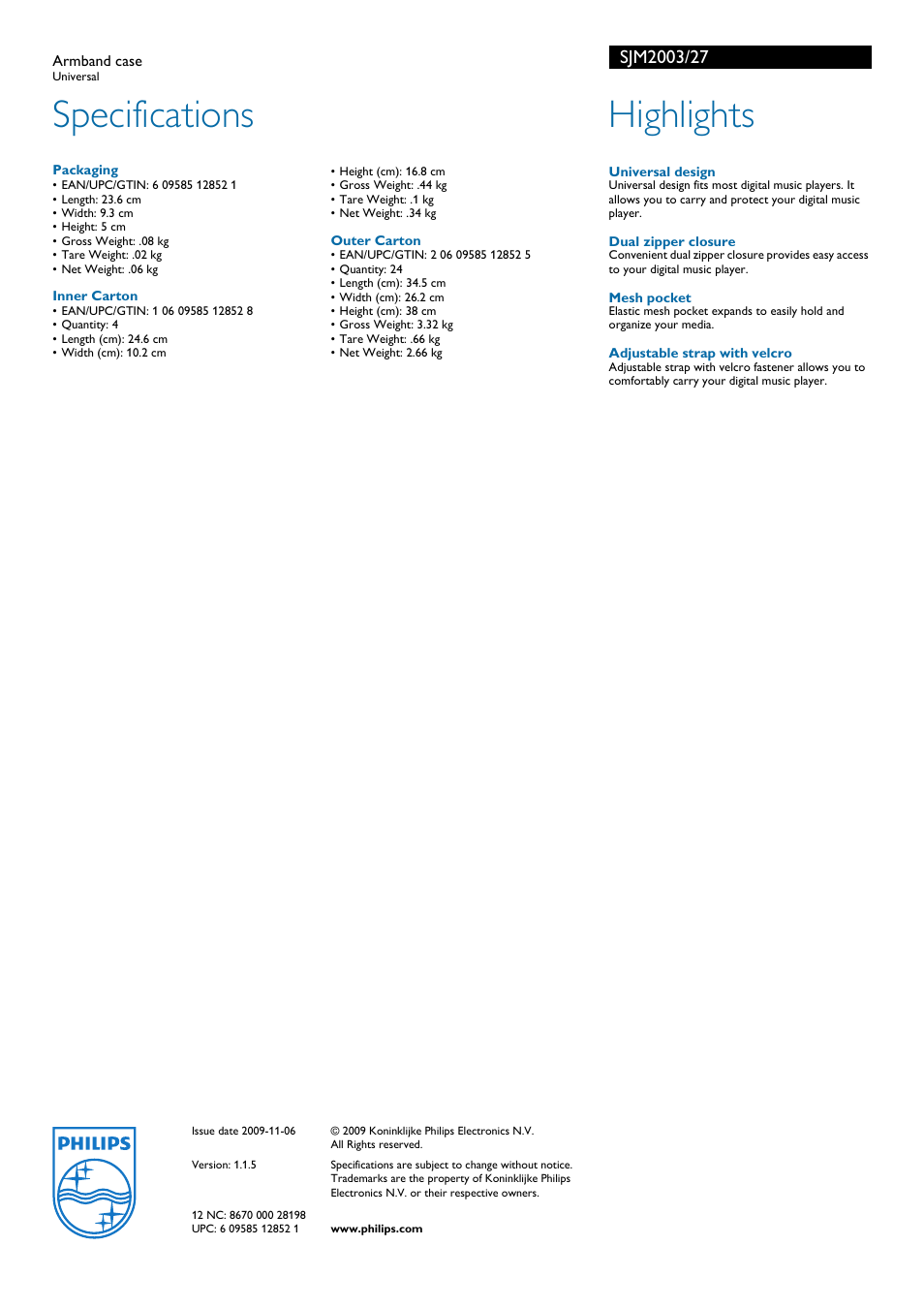 Specifications, Packaging, Inner carton | Philips, Highlights | Philips ARMBAND CASE SJM2003 User Manual | Page 2 / 2