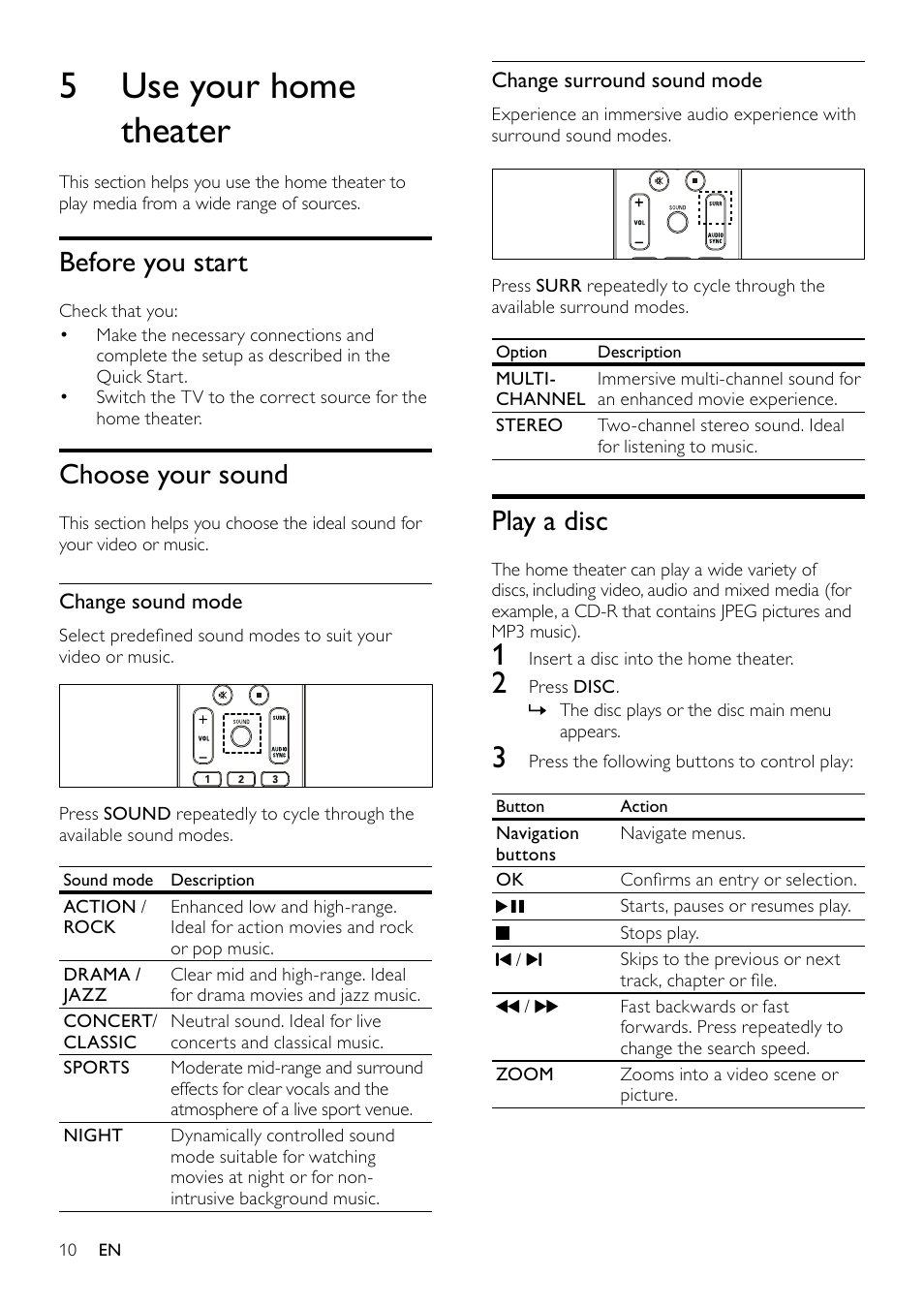 Connect audio from tv or other devices, Connect a microphone, 5 use your home theater | Before you start, Choose your sound, Play a disc | Philips HTS3520 User Manual | Page 10 / 22