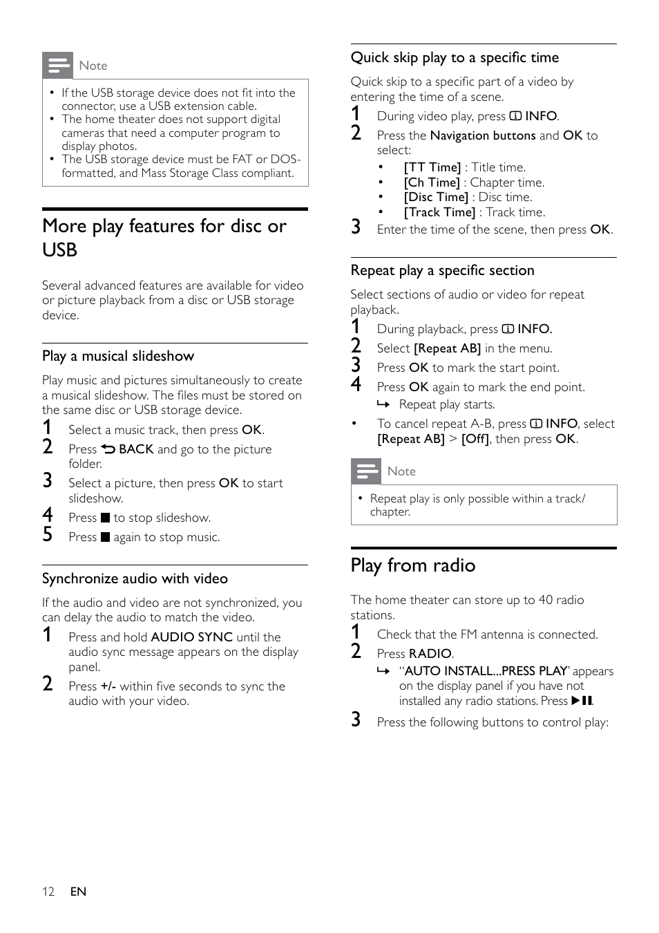 Use video options, Use picture options, Use audio options | Use karaoke options, More play features for disc or usb, Play from radio | Philips HTS3520 User Manual | Page 12 / 22