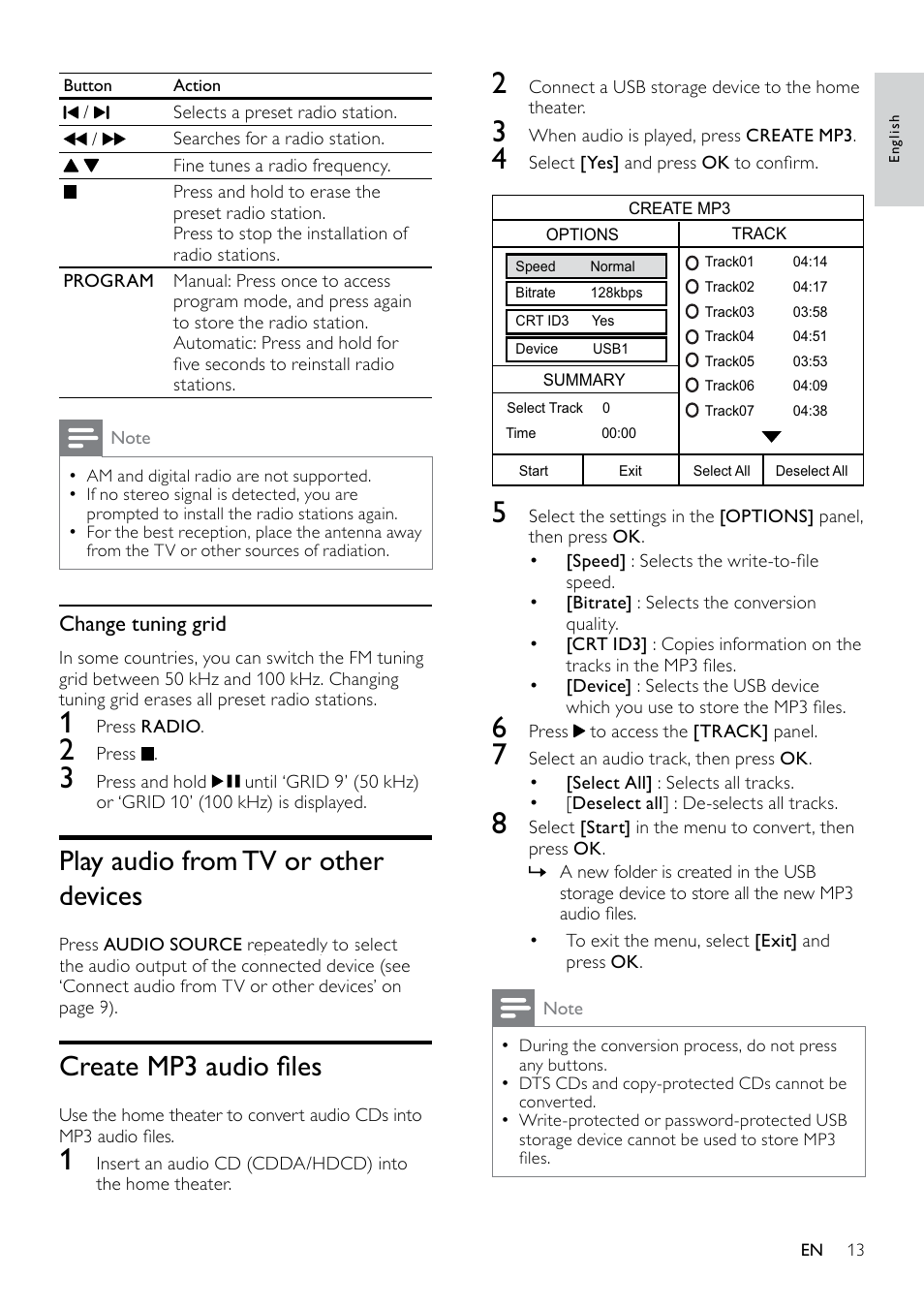 Play from a usb storage device, More play features for disc or usb, Play a musical slideshow | Synchronize audio with video, Quick skip play to a specific time, Play audio from tv or other devices, Create mp3 audio files | Philips HTS3520 User Manual | Page 13 / 22