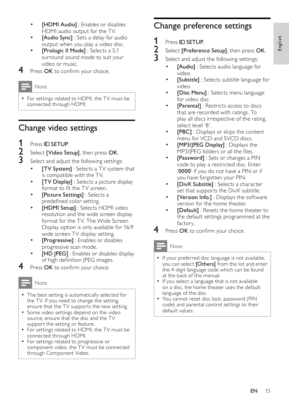 Create mp3 audio files, Change video settings, Change preference settings | Philips HTS3520 User Manual | Page 15 / 22