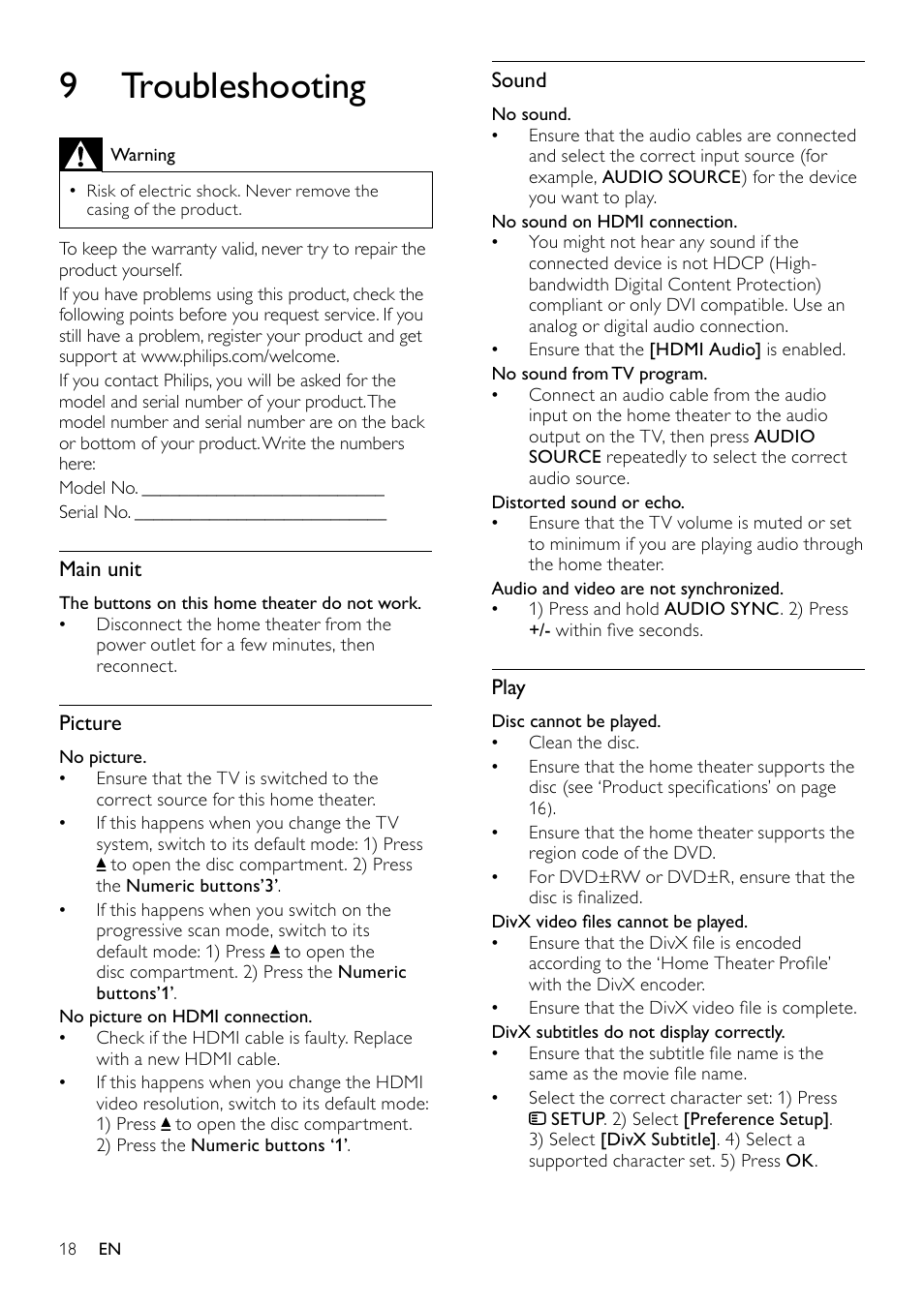 9 troubleshooting | Philips HTS3520 User Manual | Page 18 / 22