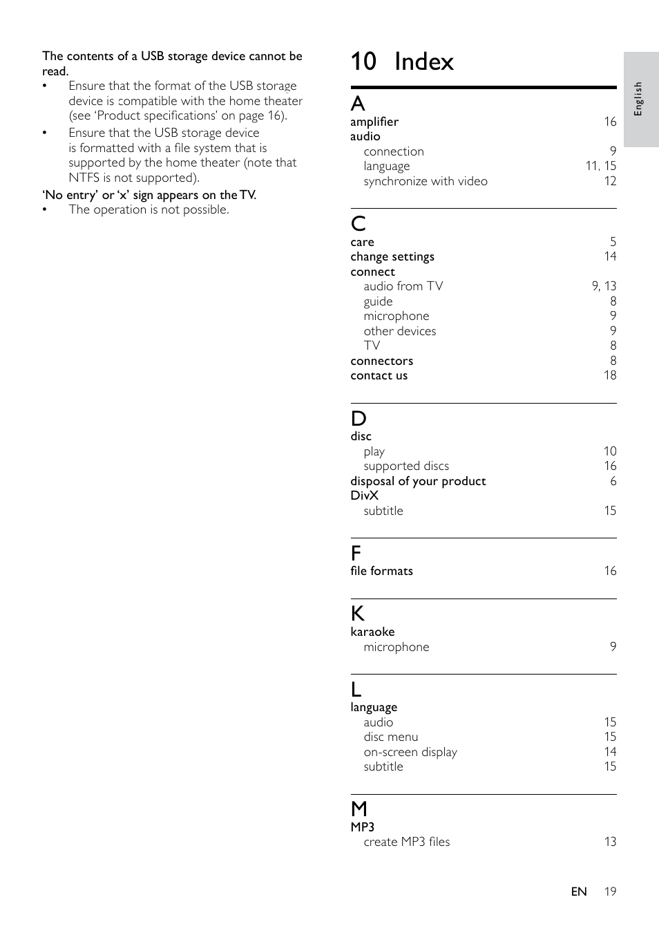 7 update software, Check software version, Update software from a cd-r or usb | 10 index | Philips HTS3520 User Manual | Page 19 / 22