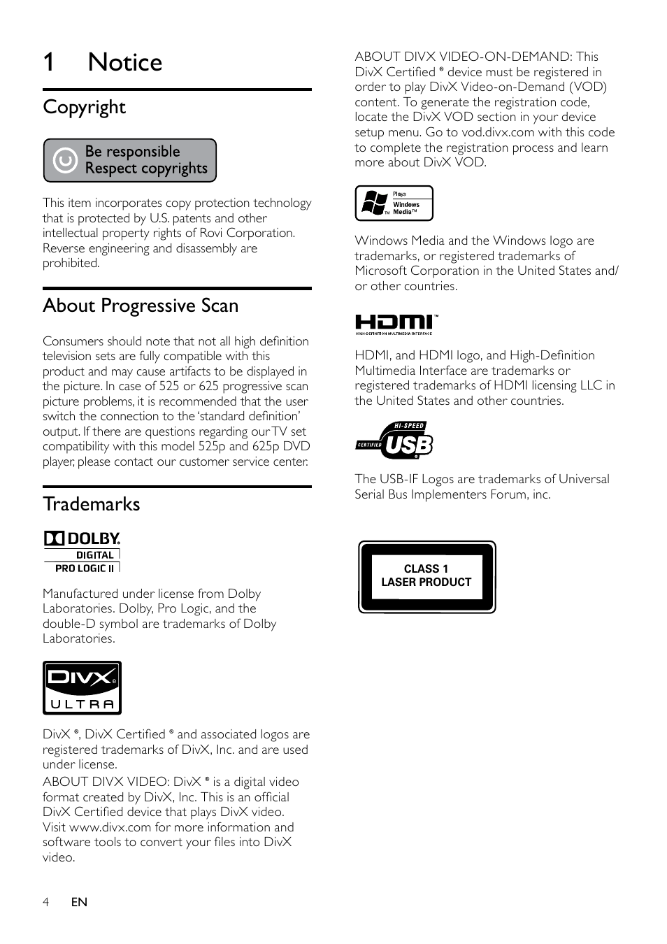 1 notice, Copyright, About progressive scan | Trademarks | Philips HTS3520 User Manual | Page 4 / 22