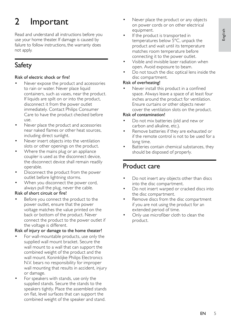 2 important, Safety, Product care | Philips HTS3520 User Manual | Page 5 / 22