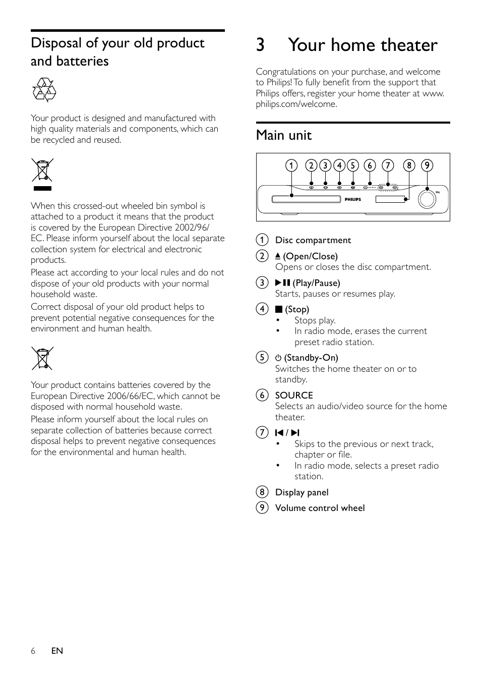 Disposal of your old product and batteries, Disposal of your old product and, Batteries | 3 your home theater, Main unit | Philips HTS3520 User Manual | Page 6 / 22