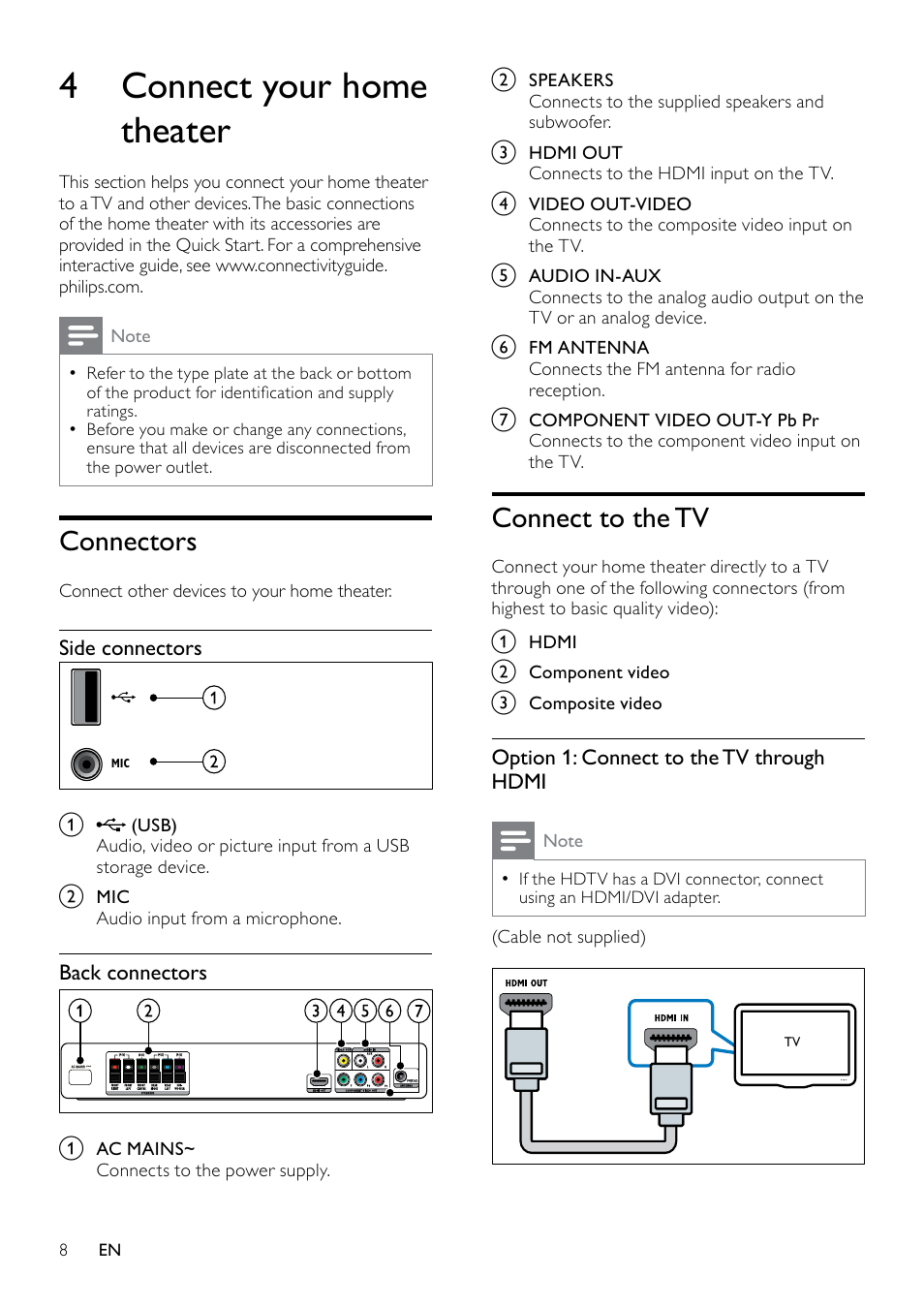 4 connect your home theater, Connectors, Connect to the tv | Philips HTS3520 User Manual | Page 8 / 22