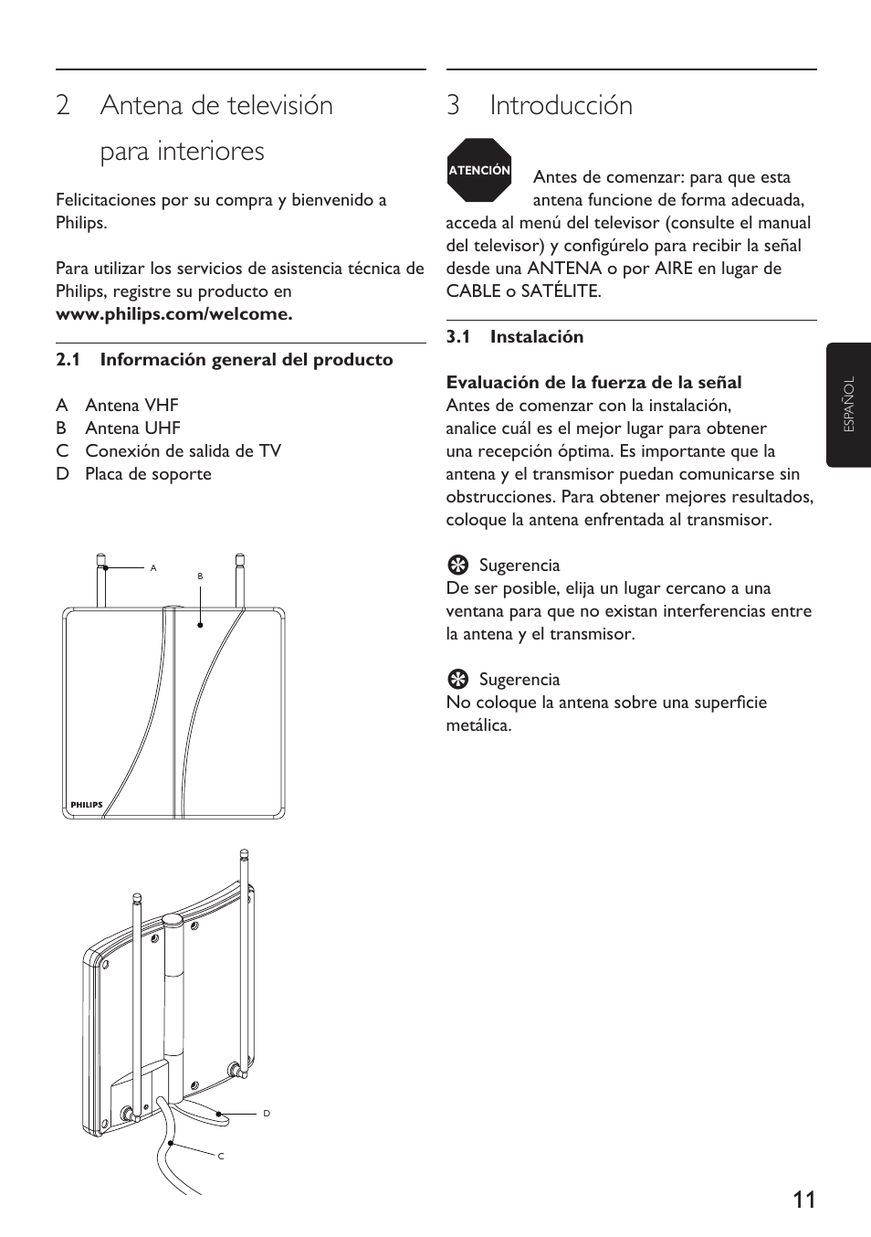 2 antena de televisión para interiores, 3 introducción | Philips Indoor Antenna User Manual | Page 11 / 16