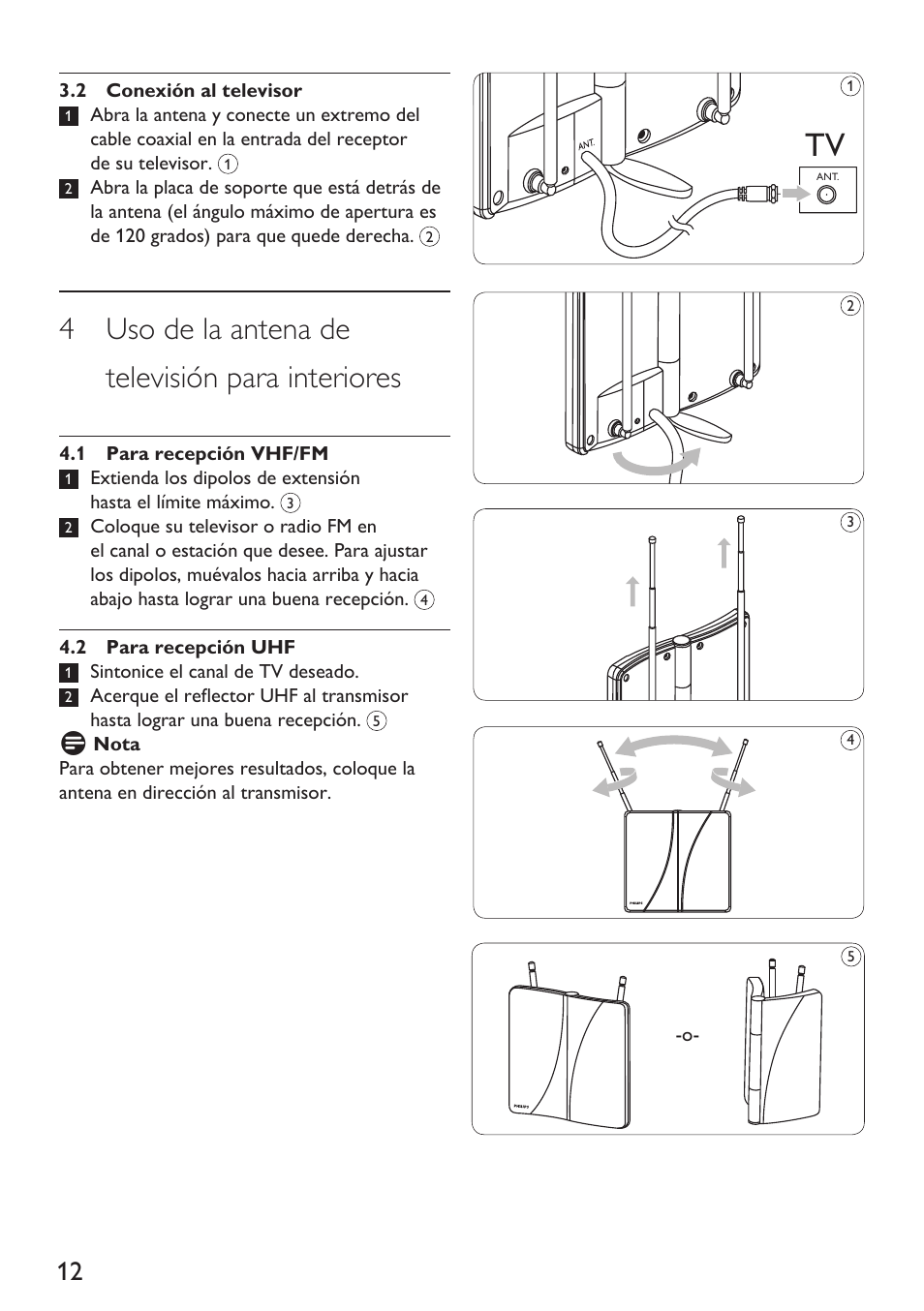 4 uso de la antena de televisión para interiores | Philips Indoor Antenna User Manual | Page 12 / 16