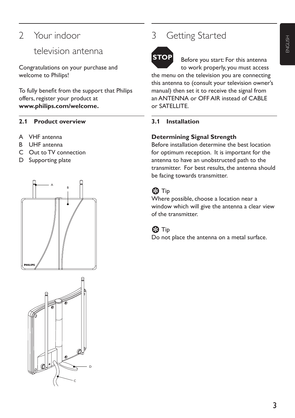 2 your indoor television antenna, 3 getting started | Philips Indoor Antenna User Manual | Page 3 / 16