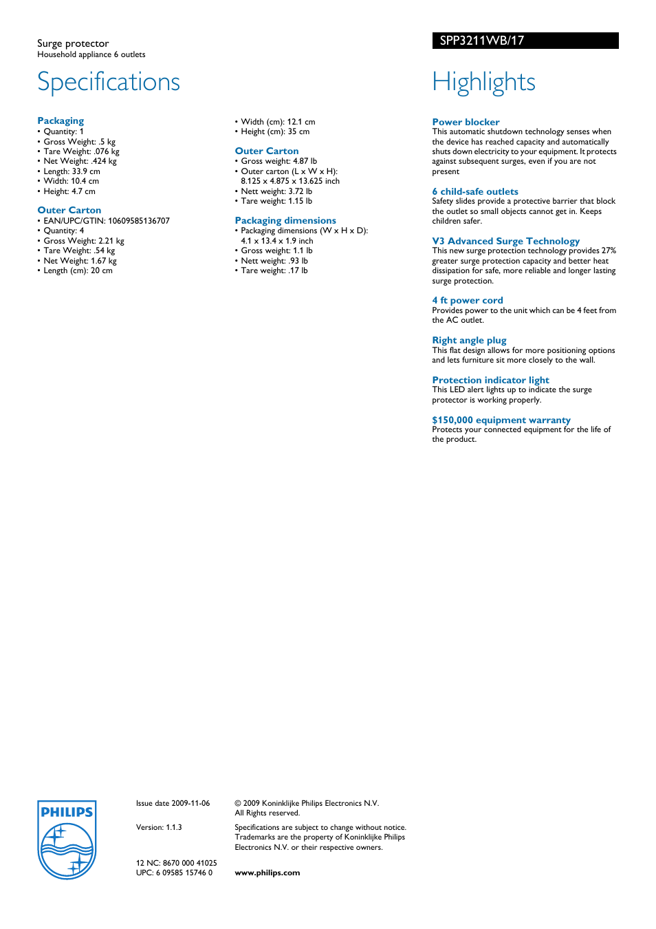 Specifications, Highlights | Philips SPP3211WB User Manual | Page 2 / 2