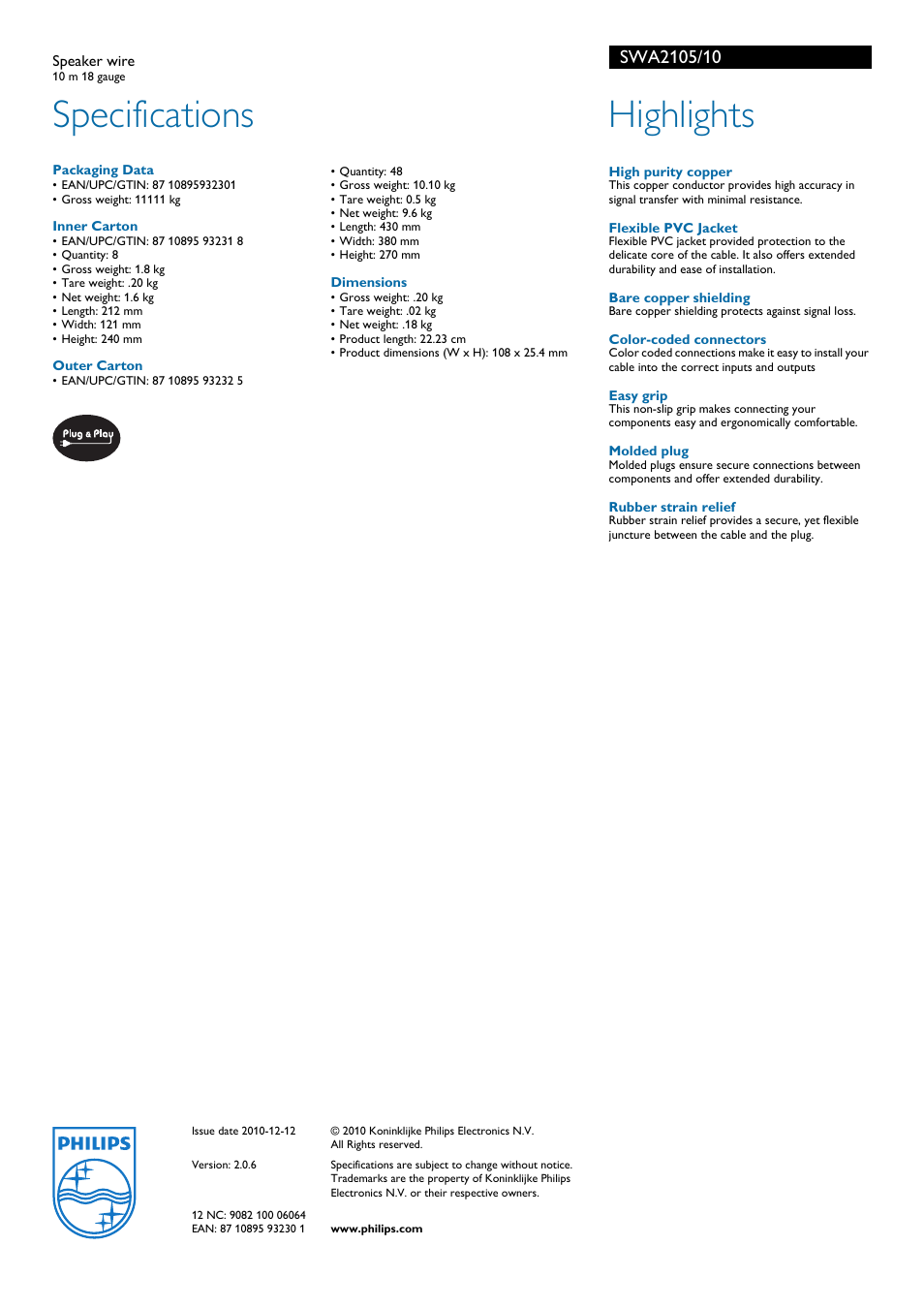 Specifications, Highlights | Philips SWA2105/10 User Manual | Page 2 / 2
