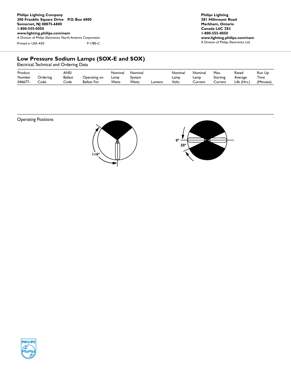 Low pressure sodium lamps (sox-e and sox) | Philips SOX User Manual | Page 4 / 4