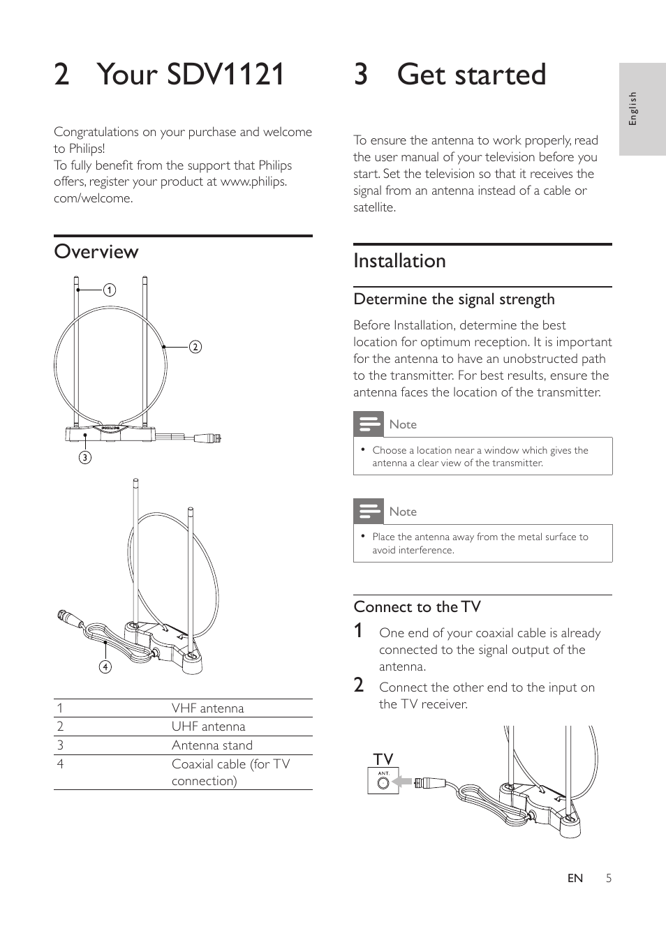 2 your sdv1121, Overview, 3 get started | Installation | Philips SDV1121/27 User Manual | Page 5 / 10