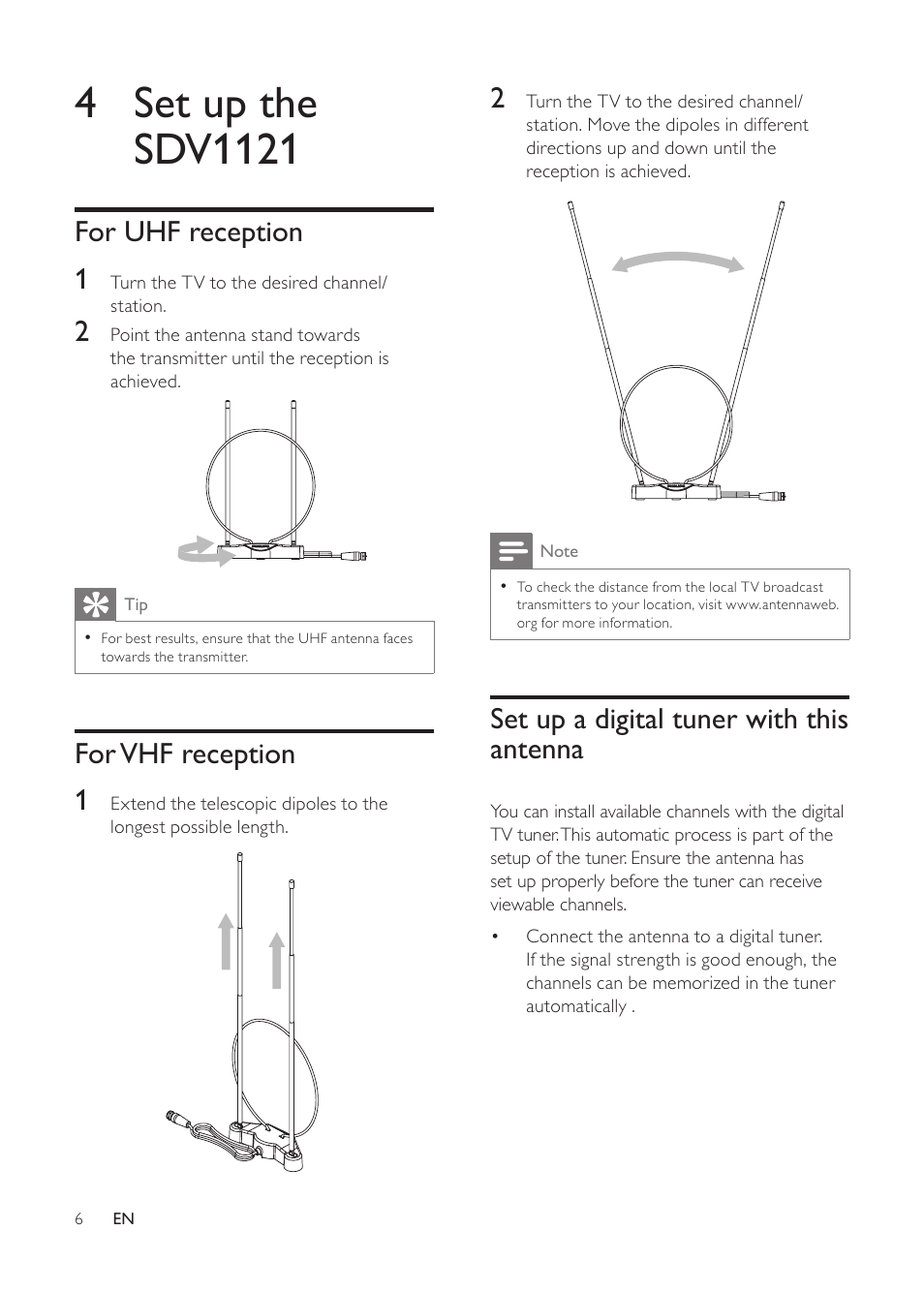 4 set up the sdv1121, For uhf reception, For vhf reception | Set up a digital tuner with this antenna, Set up a digital tuner with this antenna 6 | Philips SDV1121/27 User Manual | Page 6 / 10