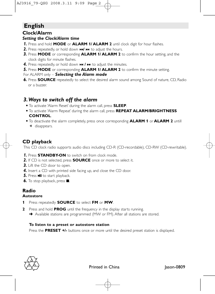 English, Ways to switch off the alarm | Philips AJ3916 Series User Manual | Page 2 / 2