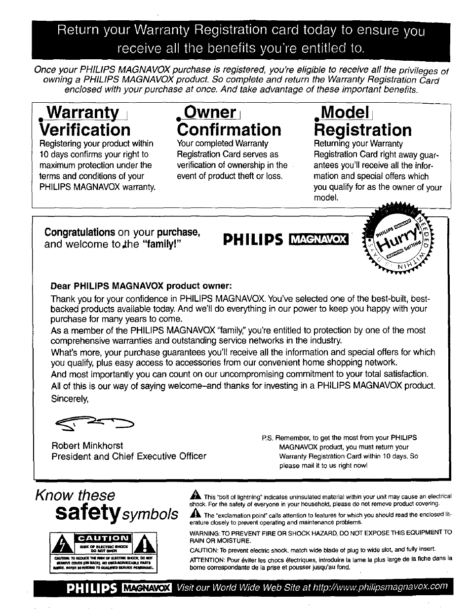 Dear philips magnavox product owner, Warranty verification, Owner i confirmation | Model registration, S 3f ©ty, Know these, Symbols, Philips, Magnavox | Philips TP2785CI User Manual | Page 2 / 48