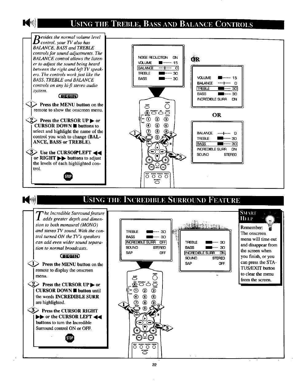 Using the treble, bass and balance controls, Using the incrediiìle sljrroi nd featlre, N