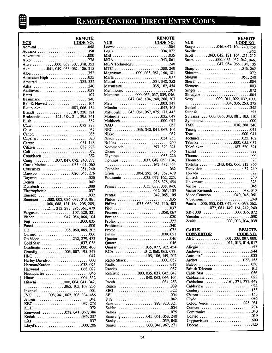 Remote control direct entry codes, Remote control direct entry code list -35, Emote | Ontrol, Irect, Ntry, Odes | Philips TP2785CI User Manual | Page 34 / 48