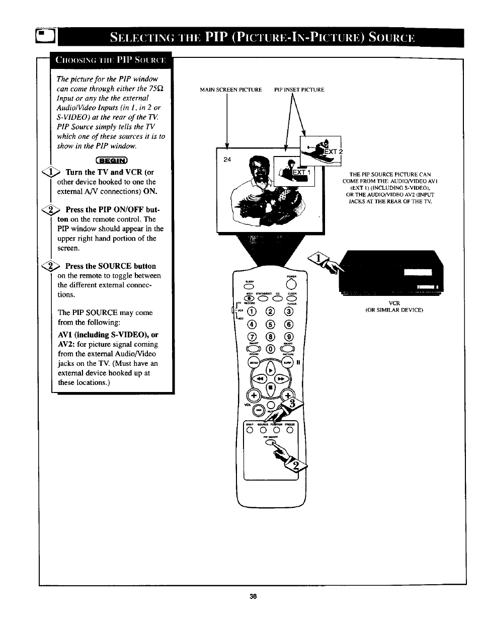 Seleci in(i 1 he pip (picture-in-pici ijre) source, In(i 1 he pip (p, Ijre) s | O) ® co, O o o, Eleci, Icture, Ource | Philips TP2785CI User Manual | Page 38 / 48