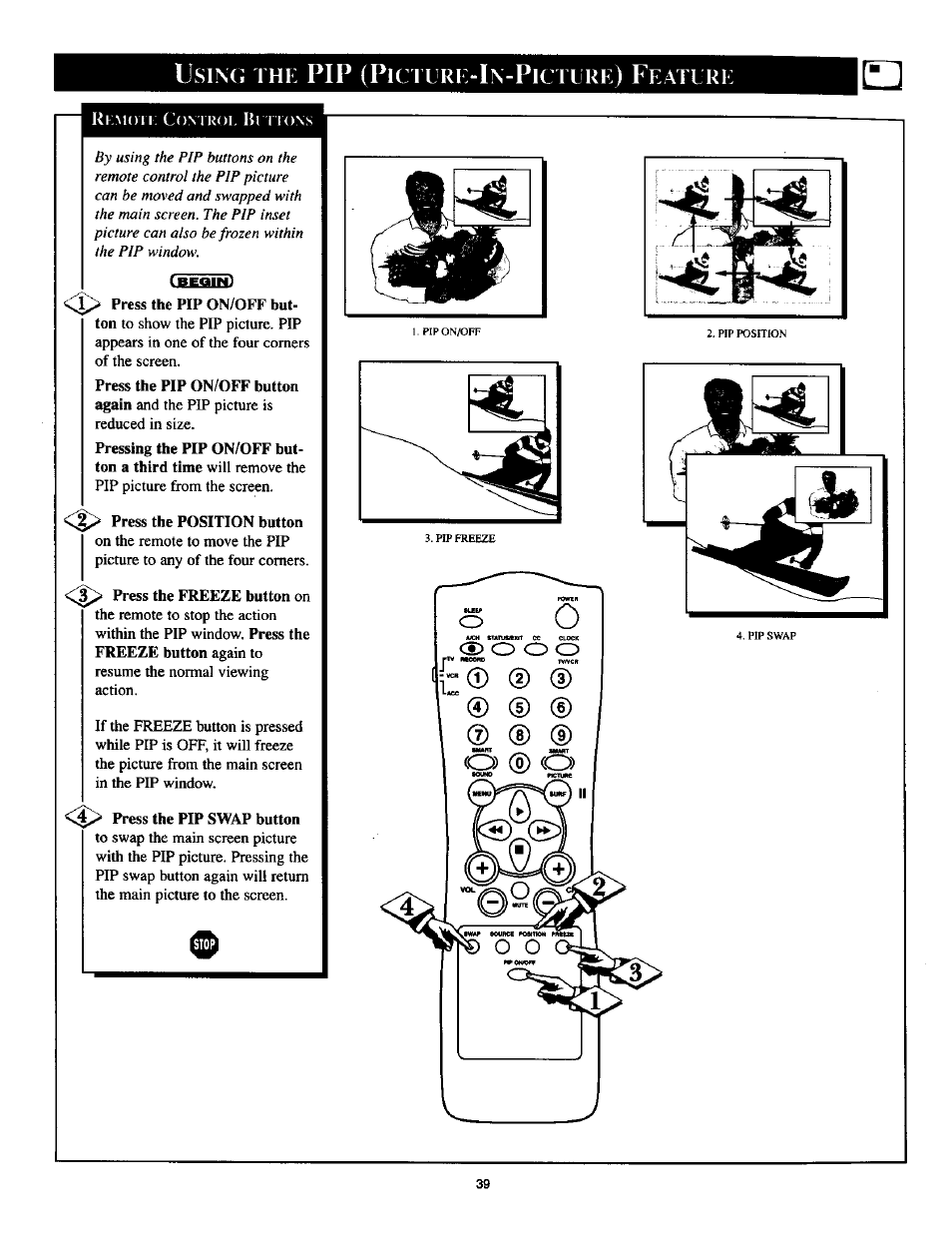 Usinc; the pip (picture-in-picture) feature, 0 cd, Usinc; the pip (p | 35 o o o, Icture, Eature | Philips TP2785CI User Manual | Page 39 / 48