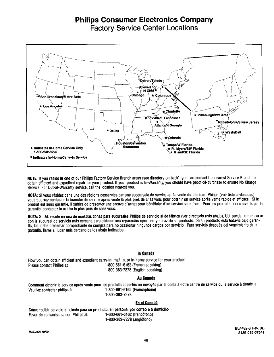 Philips consumer electronics company, In canada, Au canada | En el canadé, Factory service center locations | Philips TP2785CI User Manual | Page 46 / 48