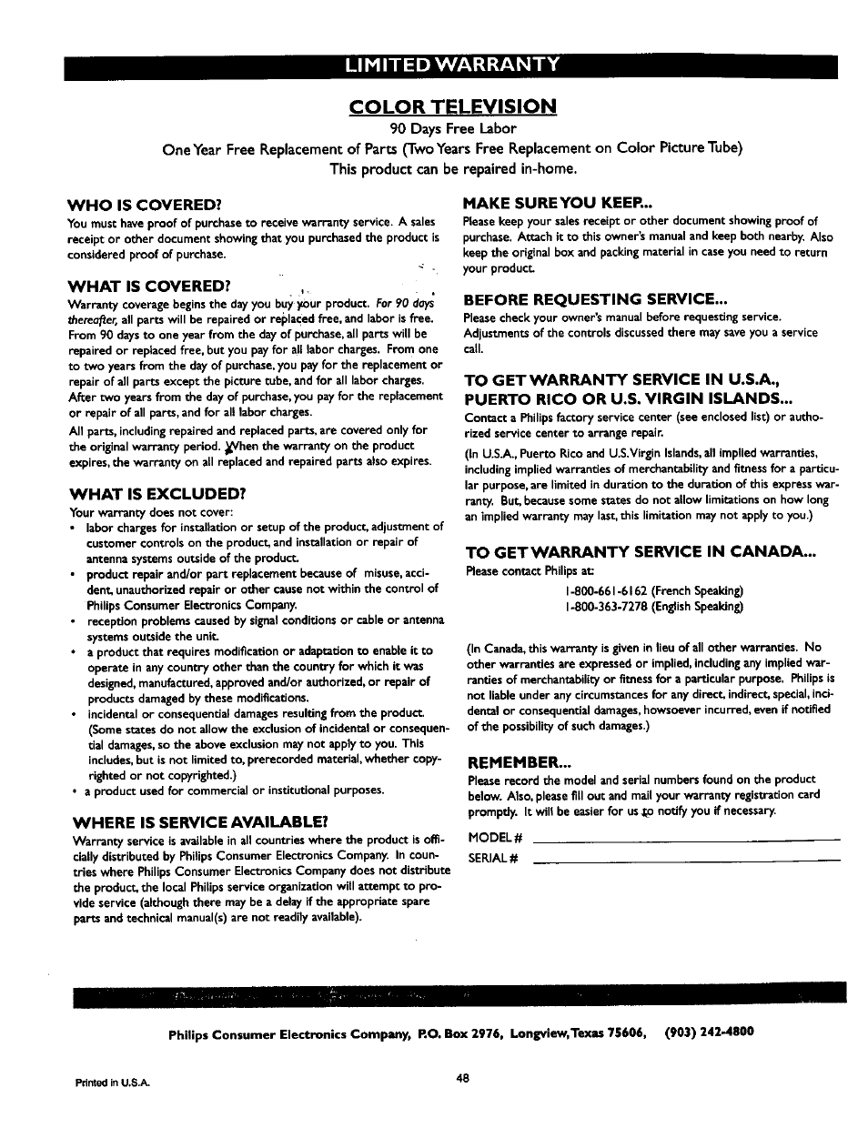 Who is covered, What is covered, What is excluded | Where is service available, Make sure you keep, Before requesting service, To get warranty service in canada, Remember, Limited warranty color television | Philips TP2785CI User Manual | Page 48 / 48