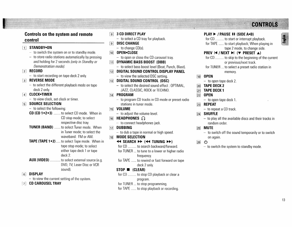 Controls, T] standby*on, I] reverse mode | T] clock-timer, 5] source selection, 6] display, 7] cd carousel tray, 3 cd direct play, Disc change, Open-close | Philips FW 72C User Manual | Page 13 / 74