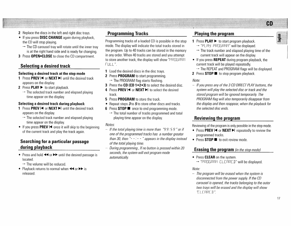 Selecting a desired track, Searching for a particular passage during playback, Programming tracks | Playing the program, Reviewing the program, Erasing the program | Philips FW 72C User Manual | Page 17 / 74